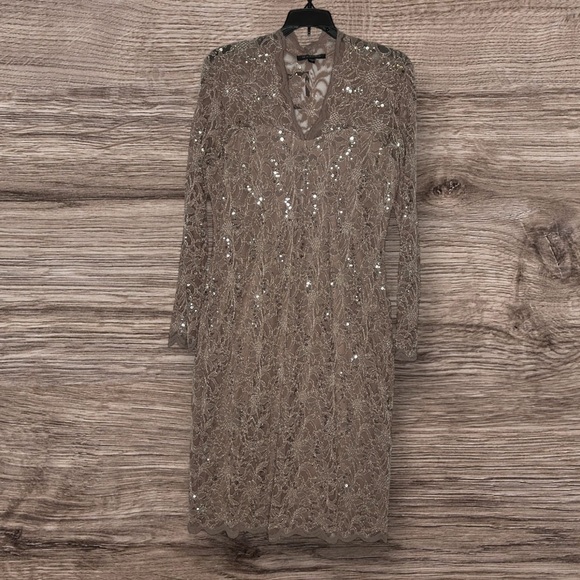 Taupe Sequin Lace Dress by Marina - Picture 2 of 6